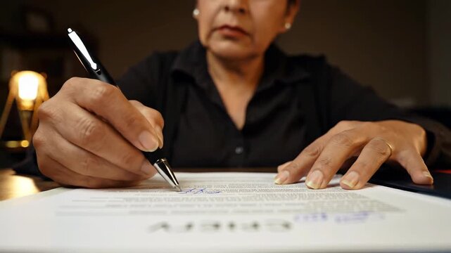 Mature woman signing contract with pen, signing legal document, paperwork.