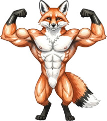 Muscular cartoon fox flexing muscles isolated on transparent background