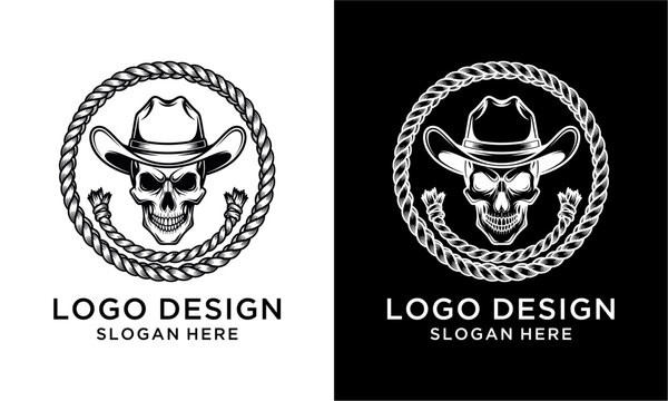 Skull wearing cowboy hat in rope circle logo design.