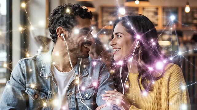 Happy couple listening music together enjoying coffee date romantic relationship love connection lifestyle technology wireless earphones headphones modern digital communication stock video footage