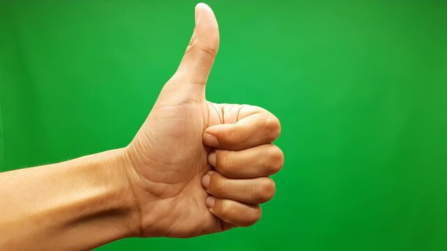 Hand with thumb up on green background