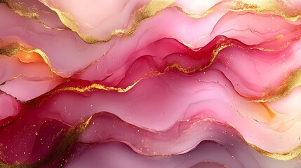 Delicate pink hues and glittering gold ribbons elegantly merge in a fluid art pattern