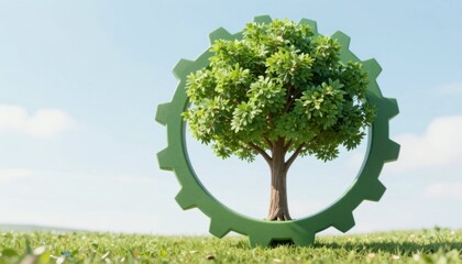 Sustainable growth in the industry a green gear background featuring nature's tree in a vibrant outdoor environment