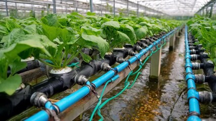 Bioenhanced nutrient solution flowing through root zone promoting natural microbial activity and sustainable plant nutrition in greenhouse.