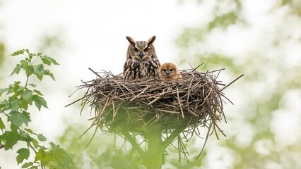 A nest with an owl and owlet resting in a tree with green leaves and blurred background. Nature and wildlife, bird habitat, family of owls, serene environment.