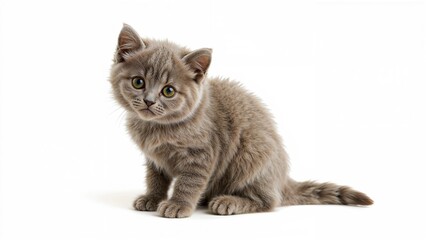 Obraz premium A cute gray kitten with yellow eyes sitting on a white background.