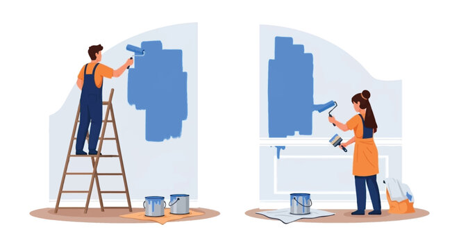 A couple is painting a wall blue using rollers and a ladder