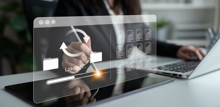 File synchronization or loading interface with progress bar, folders, and documents, symbolizing data backup, transfer, and system update Parse - Powered by Adobe
