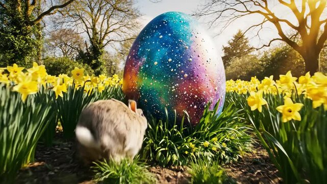 A cute Easter rabbit runs through a field of yellow daffodils. The bunny discovers a giant, magical cosmic egg in a sunny spring garden