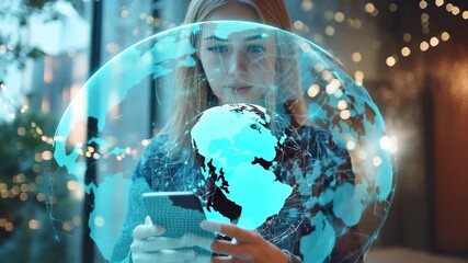 Caucasian woman interacts with smartphone surrounded by glowing globe and network icons in modern setting, globe with network and icons over caucasian woman using smartphone - Powered by Adobe