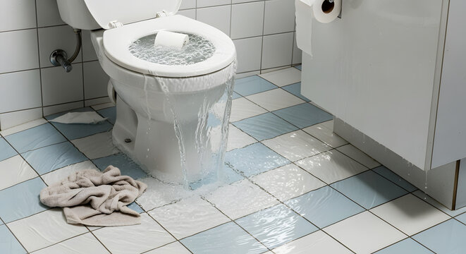 Overflowing toilet with water flooding bathroom floor, chaotic and urgent maintenance moment against tiled bathroom backdrop with copy space