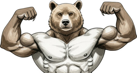 Muscular bear flexing its muscles in a powerful pose isolated on transparent background