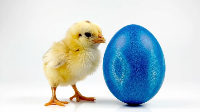 Cute baby chick with a large blue Easter egg. A newborn yellow chicken chirps on a white background. Spring holiday and new life concept