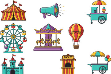 Carnival and amusement park icon set, colorful illustration, circus tent, Ferris wheel, carousel, food cart, ticket booth, entertainment elements © Monjurul Creatives
