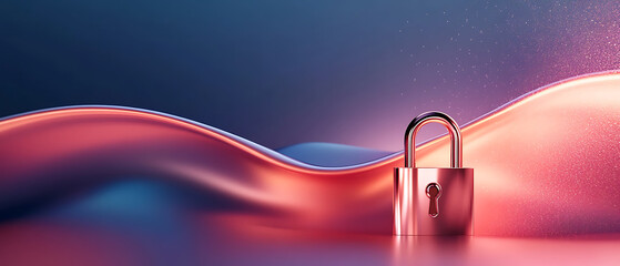 Abstract cybersecurity illustration using deep indigo and soft rose quartz pink, 3D standing lock with warm rose-gold metallic finish, futuristic digital background with smooth gradients, precise deta