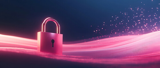 Abstract cybersecurity illustration using deep indigo and soft rose quartz pink, 3D standing lock with warm rose-gold metallic finish, futuristic digital background with smooth gradients, precise deta