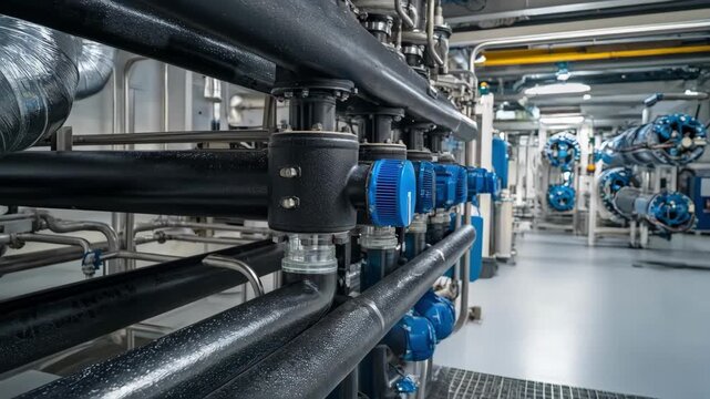 Closeup medium view of hightech filtration systems in water recycling units purifying rinse water emphasizing environmental sustainability and resource conservation.