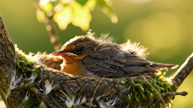 A tiny baby robin fledgling sleeping in a nest. Close-up of a newborn chick in its natural habitat during springtime. Wildlife and new life concept