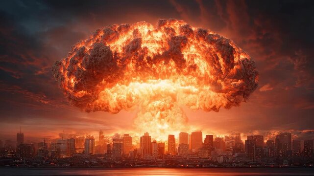 Massive mushroom cloud explosion over city skyline at sunset