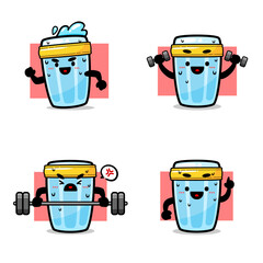 Cute Water Glass Mascot Character Set Doing Fitness Workout and Exercise Activities for Healthy Lifestyle