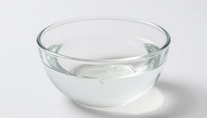 Clear liquid in a transparent bowl with subtle reflections and shadows on a white background