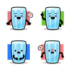 Cute Water Glass Mascot Character Set with Love, Idea, Sad and Angry Expressions