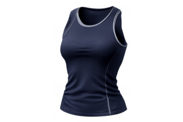 Navy blue women's activewear tank top, performance sport apparel with racerback design, professional studio shot on transparent background