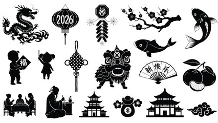 Chinese New Year 2026 Lunar Festival Silhouette Icons Set Traditional Symbols