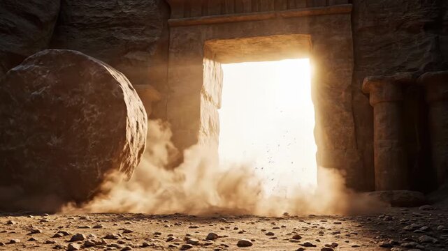 The stone is rolled away from the empty tomb on Easter morning. Bright light shines out, symbolizing the resurrection of Jesus Christ. A Christian concept of hope and salvation