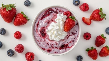 Fresh berries with whipped cream on top of yogurt or smoothie, surrounded by strawberries, blueberries, and raspberries. Fruit snack or dessert.