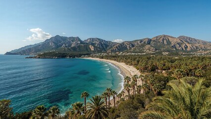 A scenic coastline with mountains in the background, clear blue water, sandy beach, and lush palm trees along the shore.