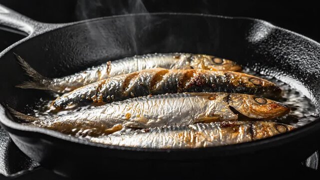 A skillet of sardines sizzles four silver fish cook in oil showing goldenbrown skin and steam set against a dark background