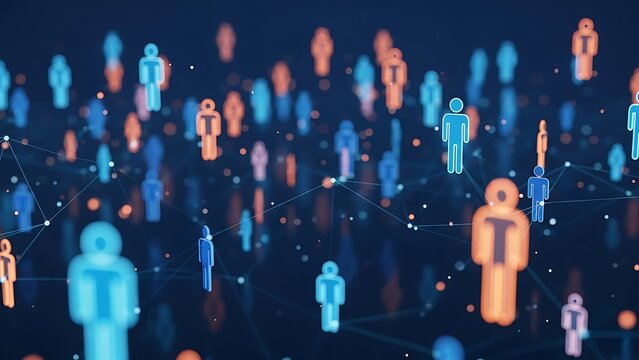 Connected people icons in network on dark blue background - Powered by Adobe