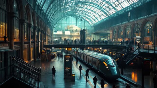 Travelers navigate through London's St Pancras station during twilight hours on a bustling evening, Travelers and commuters passing through London's St