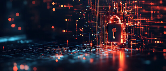 Abstract cybersecurity art in deep sapphire blue combined with glowing copper tones, 3D standing lock with copper-plated metal texture, layered digital background, highly intricate detailing, copy spa