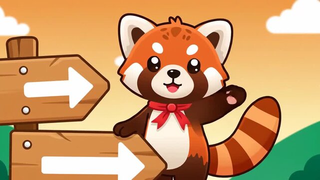 Cheerful Red Panda Guidance Illustration, Cute Cartoon Animal Mascot Guiding with Signboard