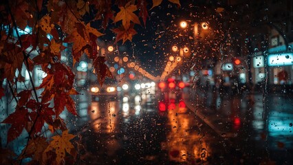 Obraz premium Rainy night scene through a window with water droplets and blurred city lights, autumn leaves visible in foreground.