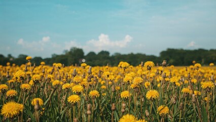 A field of yellow dandelions in bloom with a blue sky and scattered clouds, featuring bees collecting nectar among the flowers.