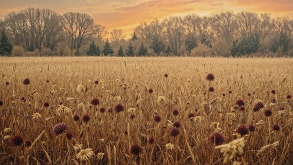 A field of tall grasses with dried flowers under a sunset sky and trees in the background.