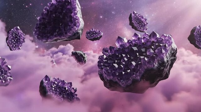 Abstract motion graphic loop featuring massive amethyst crystal clusters floating gracefully among swirling pink and lavender fog clouds precious stones, swirling pink, gemstone
