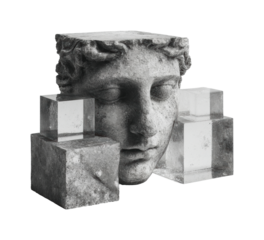 Artistic head sculpture with geometric cubes minimalist view, isolated on transparent background, png
