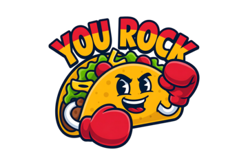Taco character saying you rock with boxing gloves isolated on transparent background