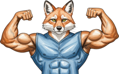 Muscular fox character showing off muscles isolated on transparent background