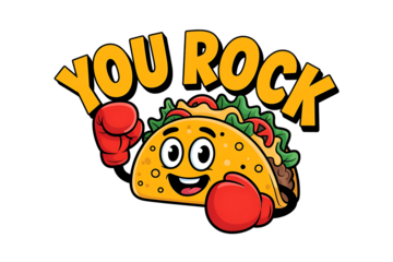 Taco character with boxing gloves saying you rock isolated on transparent background