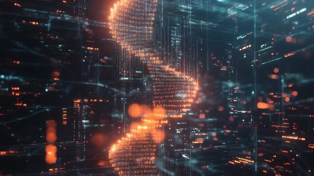 Scientific data processing visualizes DNA strand in a futuristic digital environment, scientific data processing over scope with dna strand