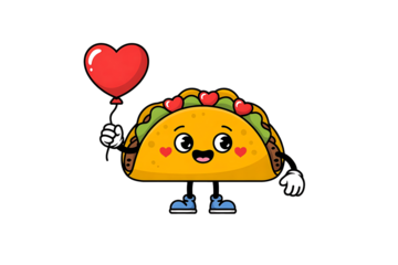Cute taco holding a heart balloon isolated on transparent background