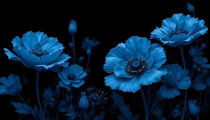Elegant Blue Flowers Blooming in the Dark | Moody Floral Art with Glowing Petals and Deep Shadows | Dramatic Botanical Scene Expressing Mystery, Calm, and Timeless Natural Beauty