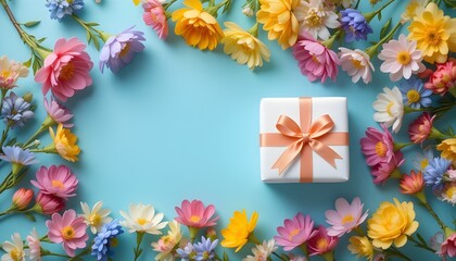 Colorful Floral Frame with Gift Box on Blue Background | Bright Spring Flowers Surrounding a Present with Ribbon | Cheerful Celebration Concept for Birthday, Anniversary, or Special Occasion 