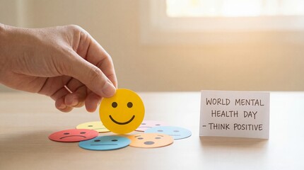 Hand selecting a happy yellow emoji face discarding negative feelings symbolizing mental health awareness promotion for world day