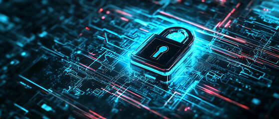 Abstract cybersecurity themed artwork in dark charcoal gray with neon cyan accents, glossy metallic 3D lock with subtle platinum highlights, high-tech digital backdrop, micro-circuit details, minimal 